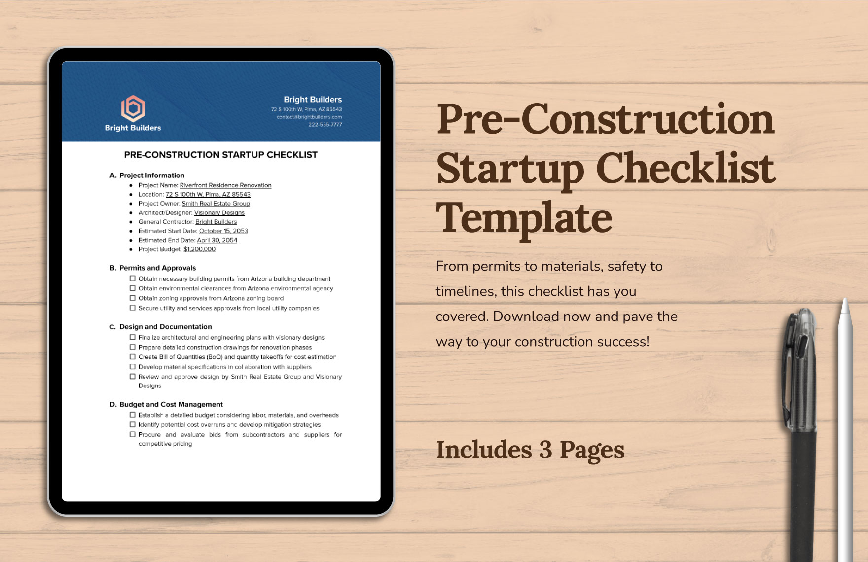 Pre-Construction Startup Checklist Template in Word, Google Docs, PDF