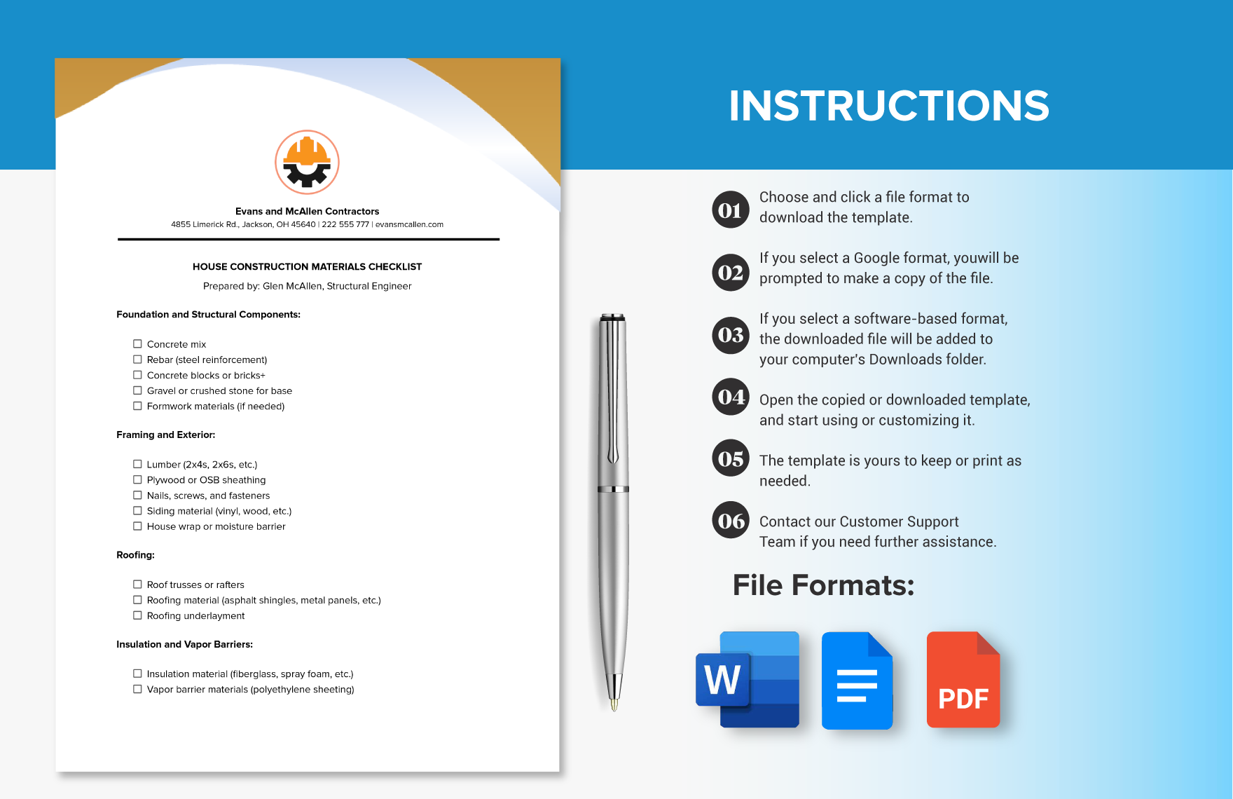 House Building Construction Materials Checklist Template