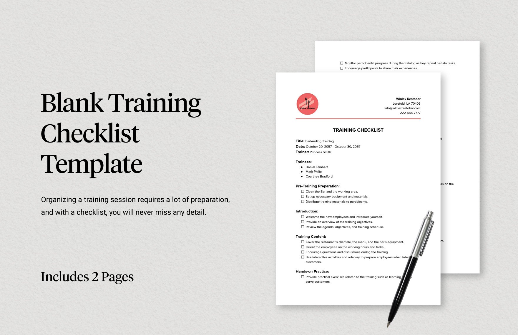 Blank Training Checklist Template