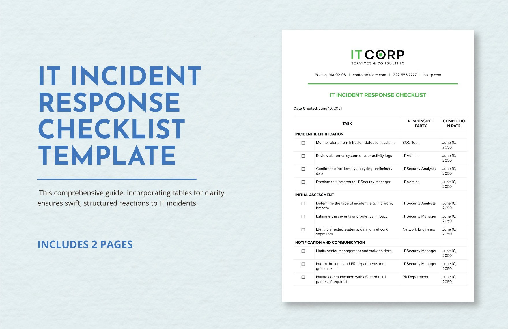 IT Incident Response Checklist Template in Word, Google Docs, PDF