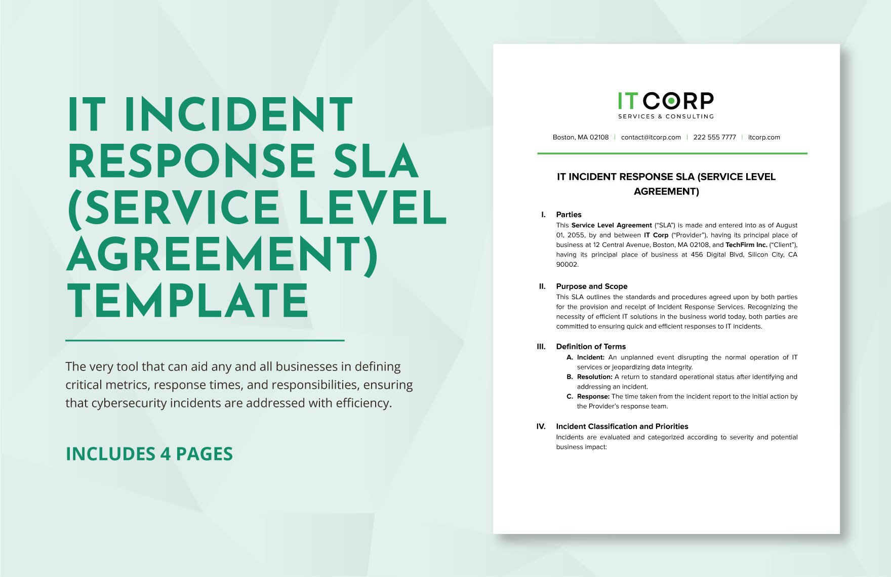 IT Incident Response SLA (Service Level Agreement) Template