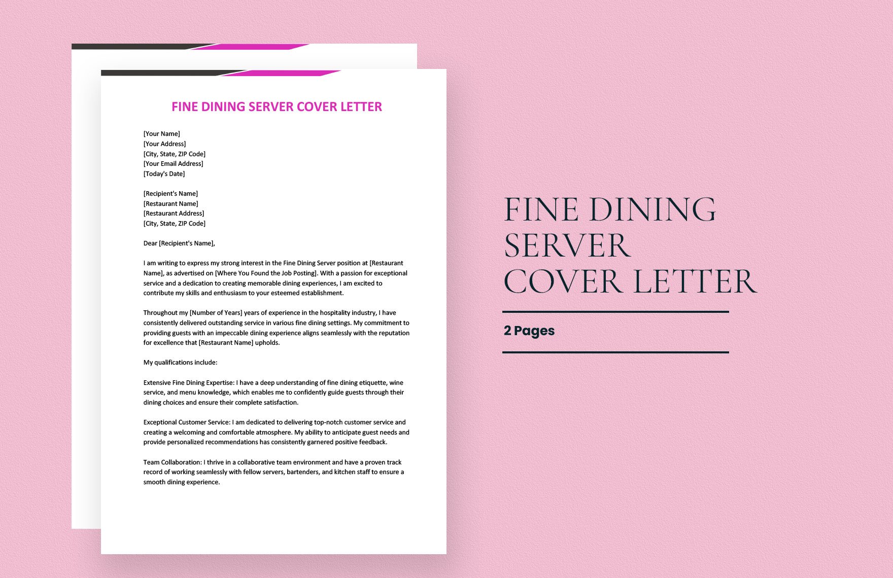 Fine Dining Server Cover Letter in Word, Google Docs