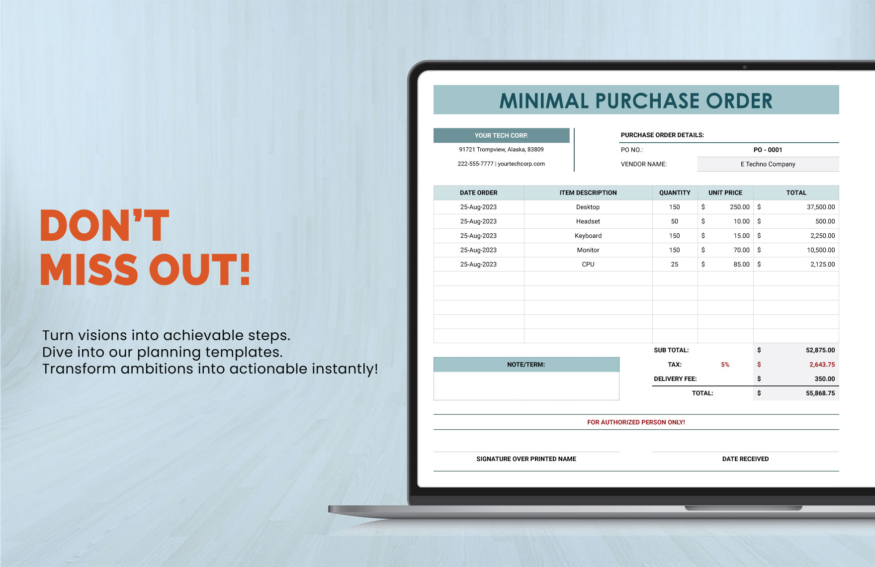 Minimal Purchase Order Template