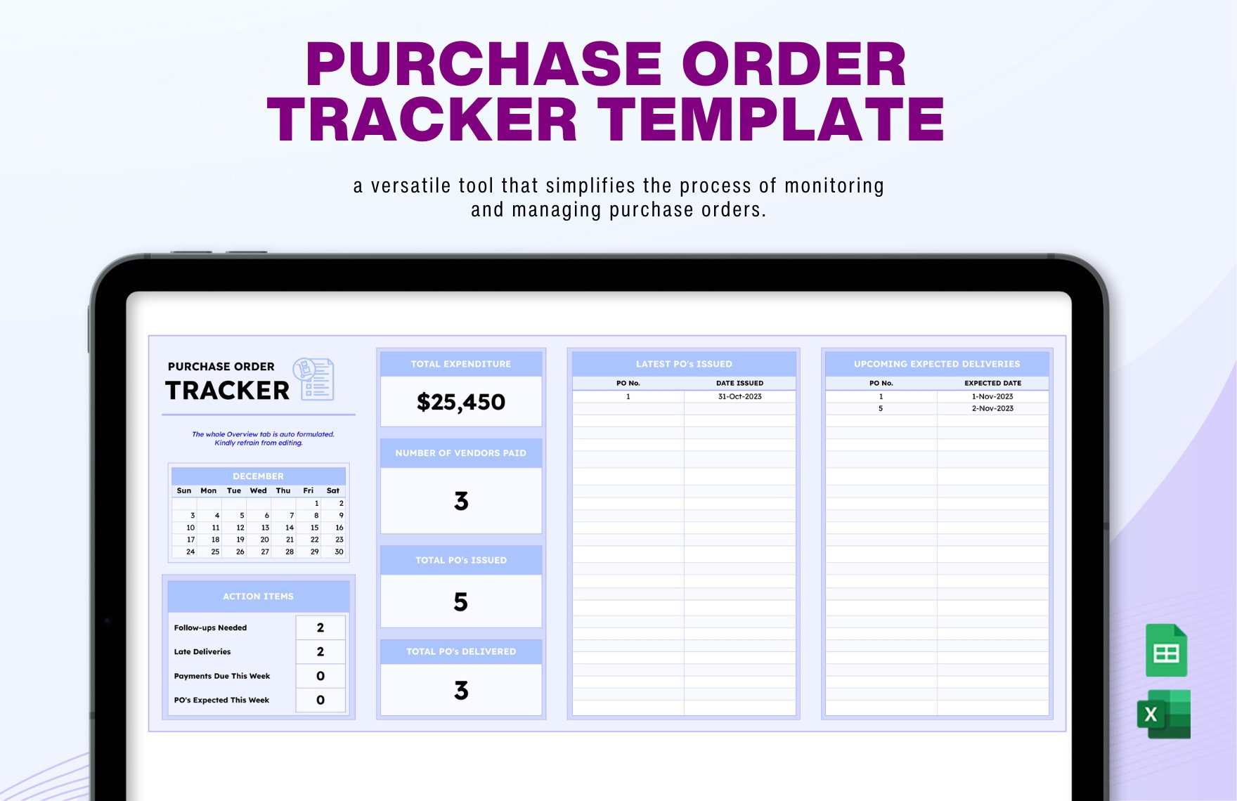 Purchase Order Tracker Template in Excel, Google Sheets