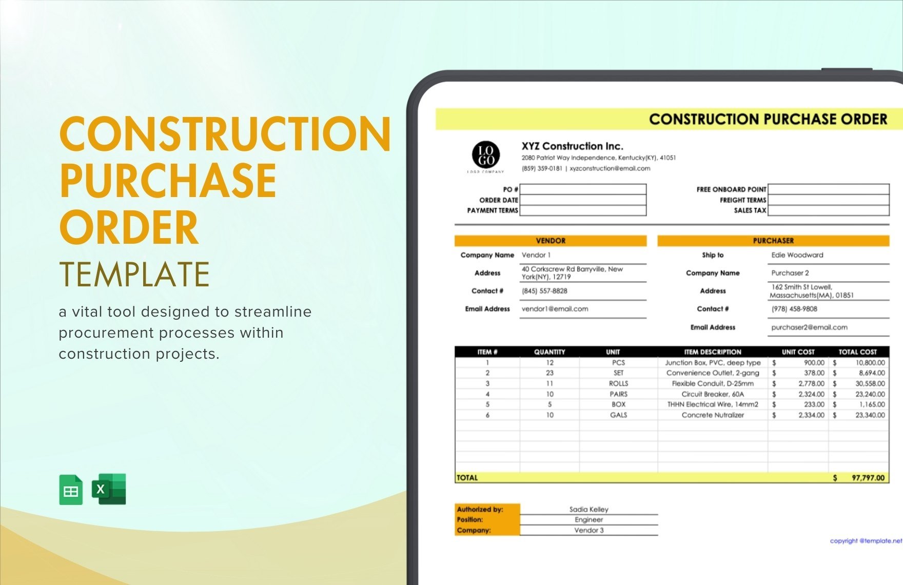 Construction Purchase Order Template in Excel, Google Sheets