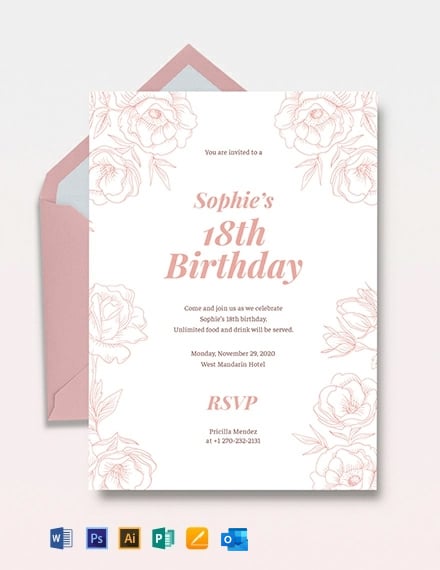 18th Birthday Invitation Template - Illustrator, Word, Outlook, Apple