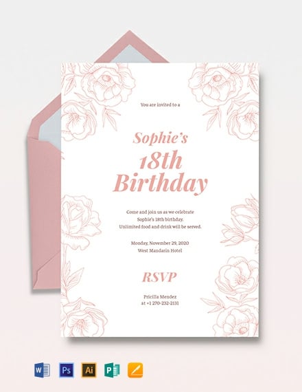 18th Birthday Invitation Template Word PSD Apple Pages 