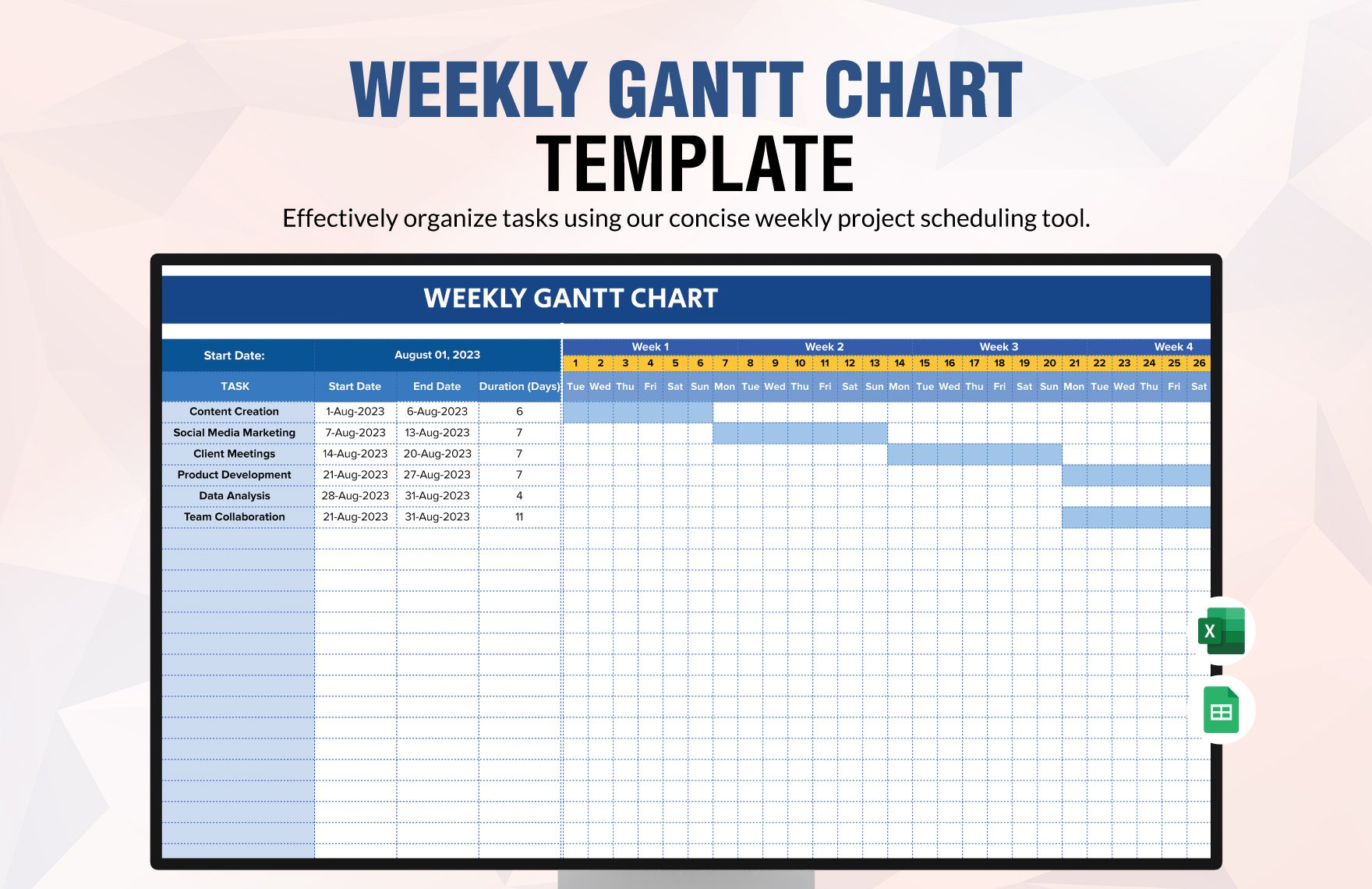 Weekly Gantt Chart Template in Excel, Google Sheets