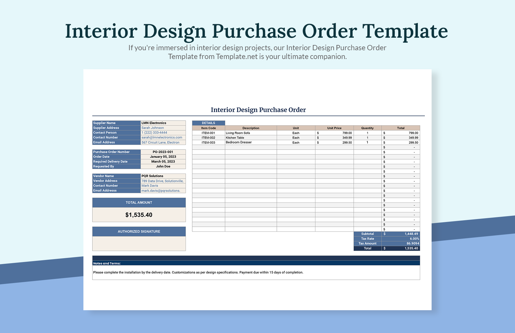 Interior Design Purchase Order Template Nsqcc 