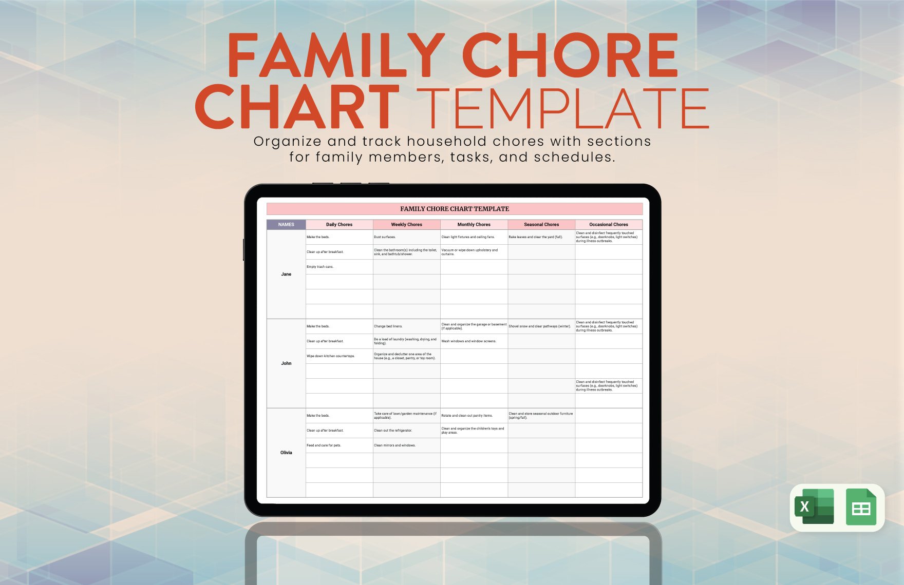 Family Chore Chart Template in Excel, Google Sheets