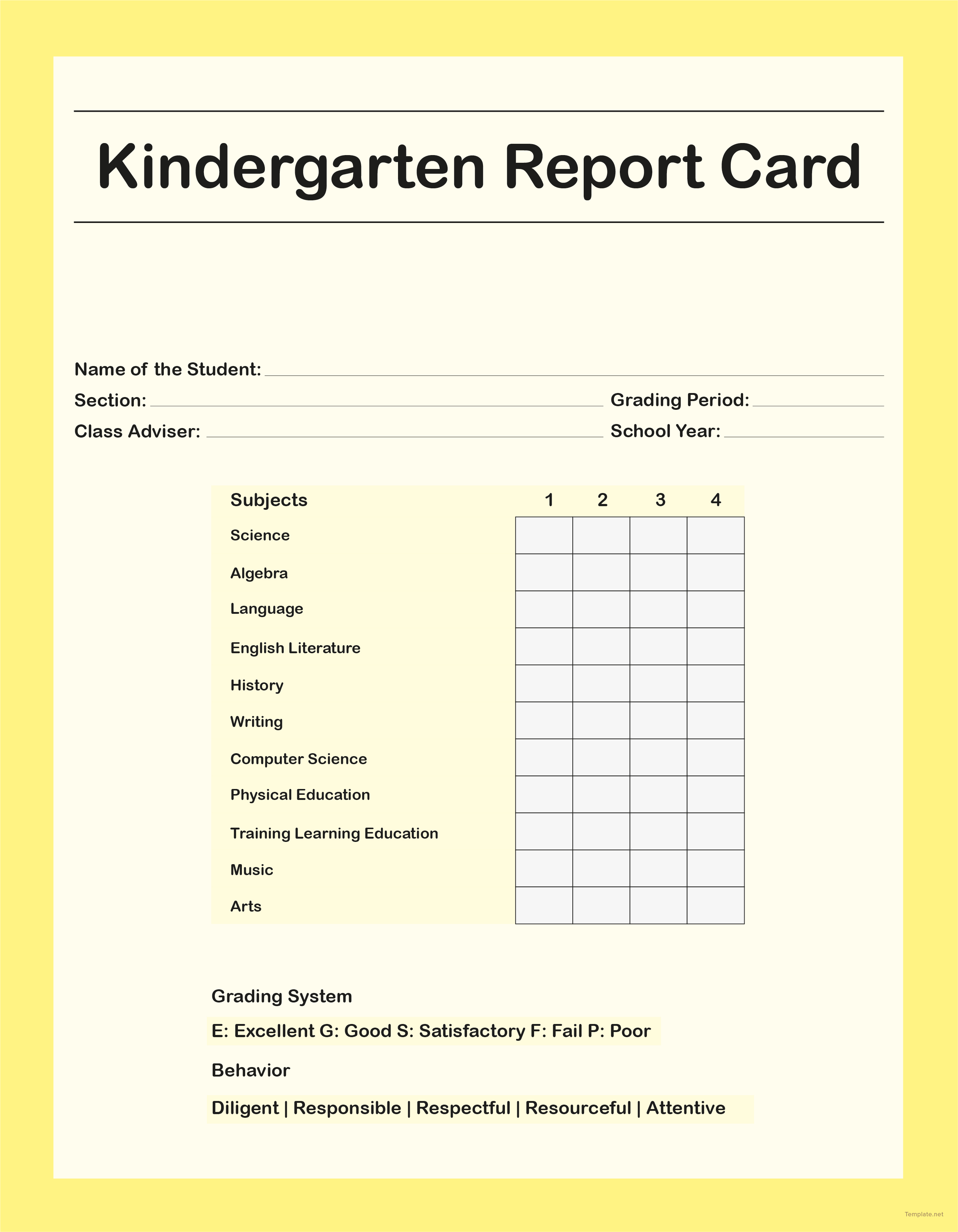 Free Kindergarten Report Card Template in Adobe Adobe