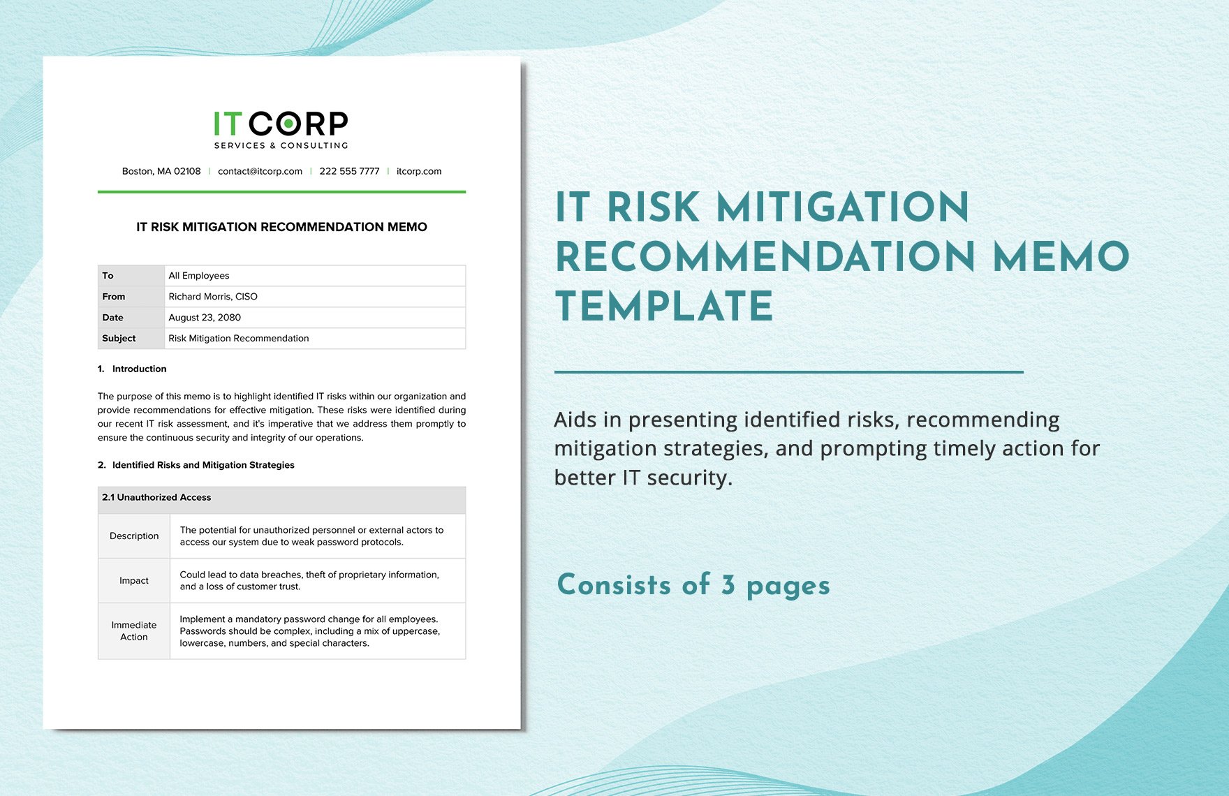 IT Risk Mitigation Recommendation Memo Template in Word, Google Docs, PDF