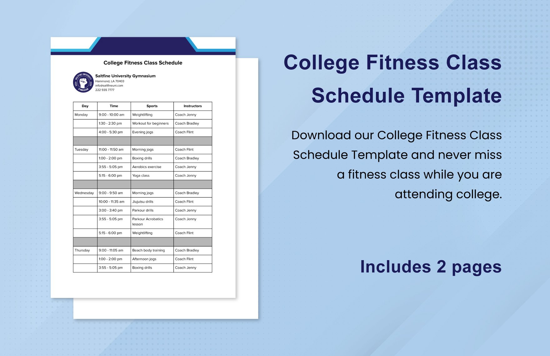 College Fitness Class Schedule Template