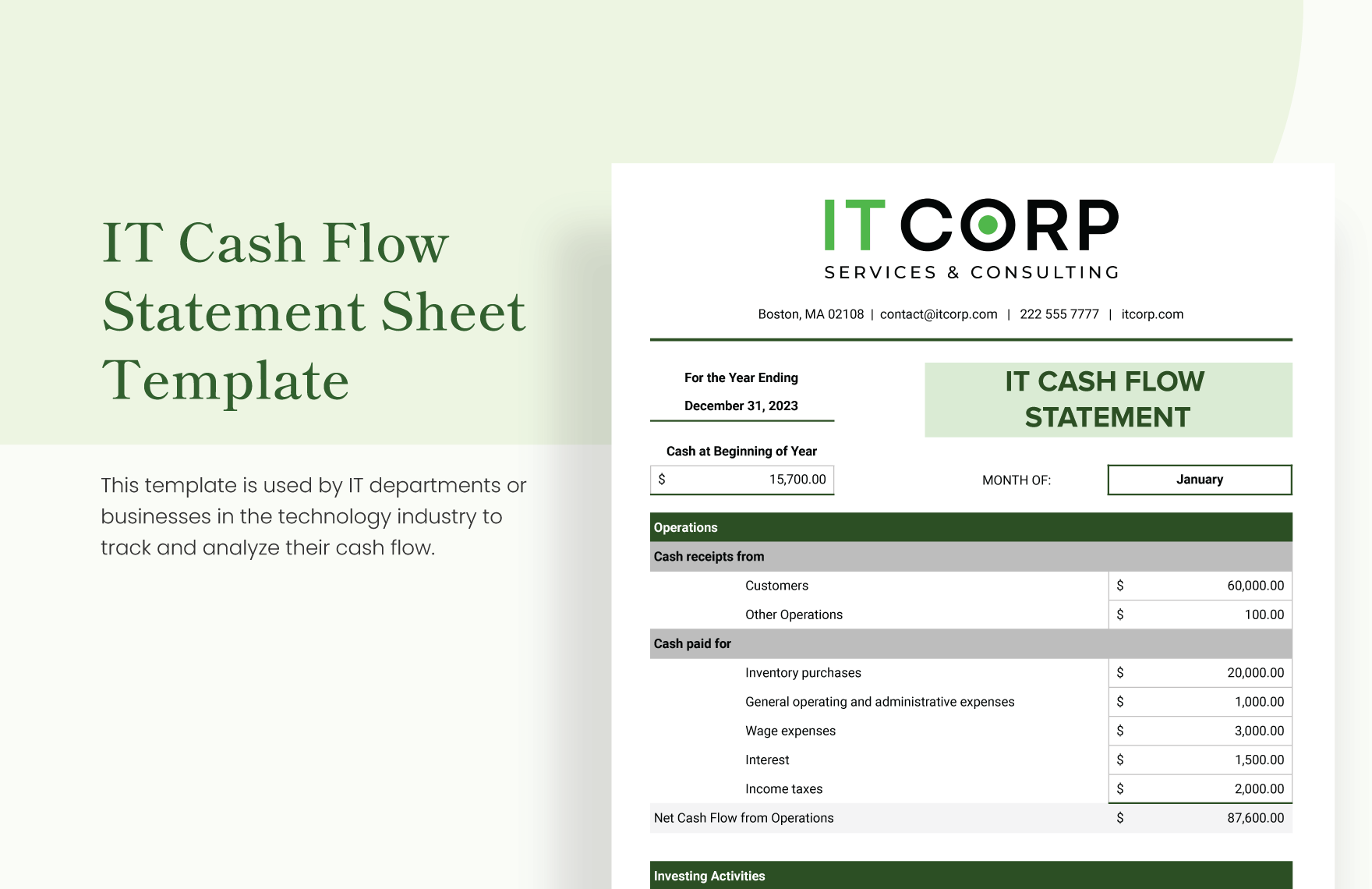 IT Cash Flow Statement Sheet Template