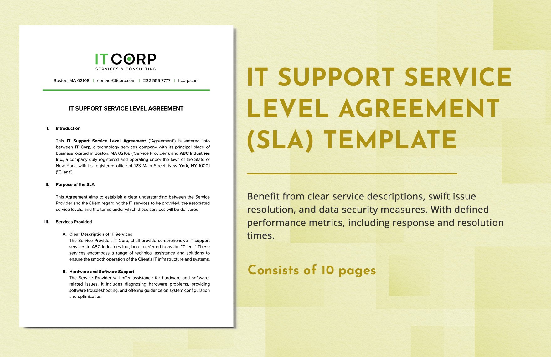 IT Support Service Level Agreement (SLA) Template