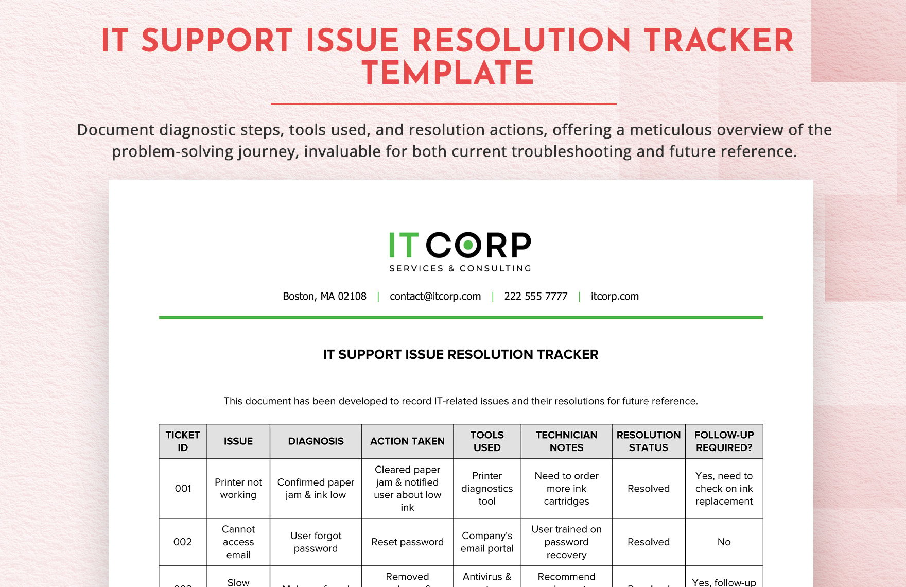 IT Support Issue Resolution Tracker Template