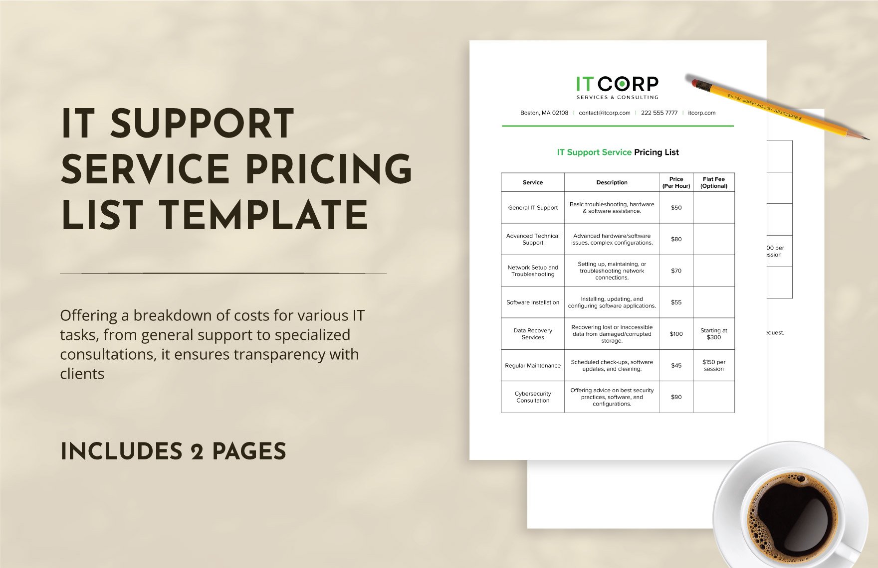 IT Support Service Pricing List Template