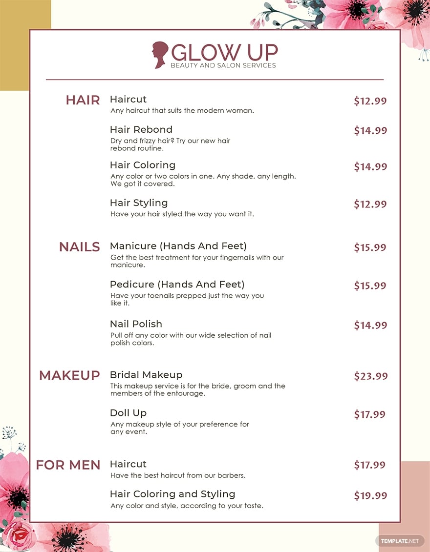 Salon Price Menu Template in Pages Publisher PSD Word Illustrator