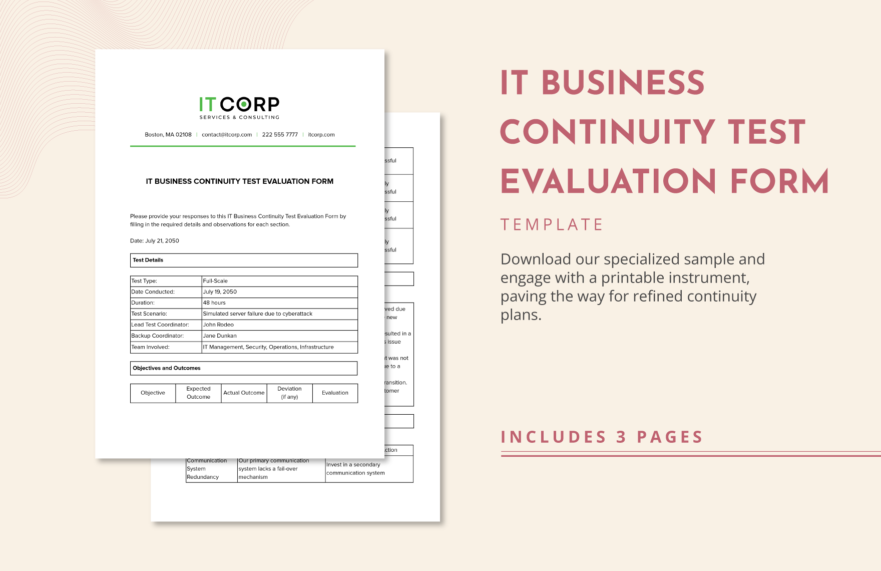 IT Business Continuity Test Evaluation Form Template