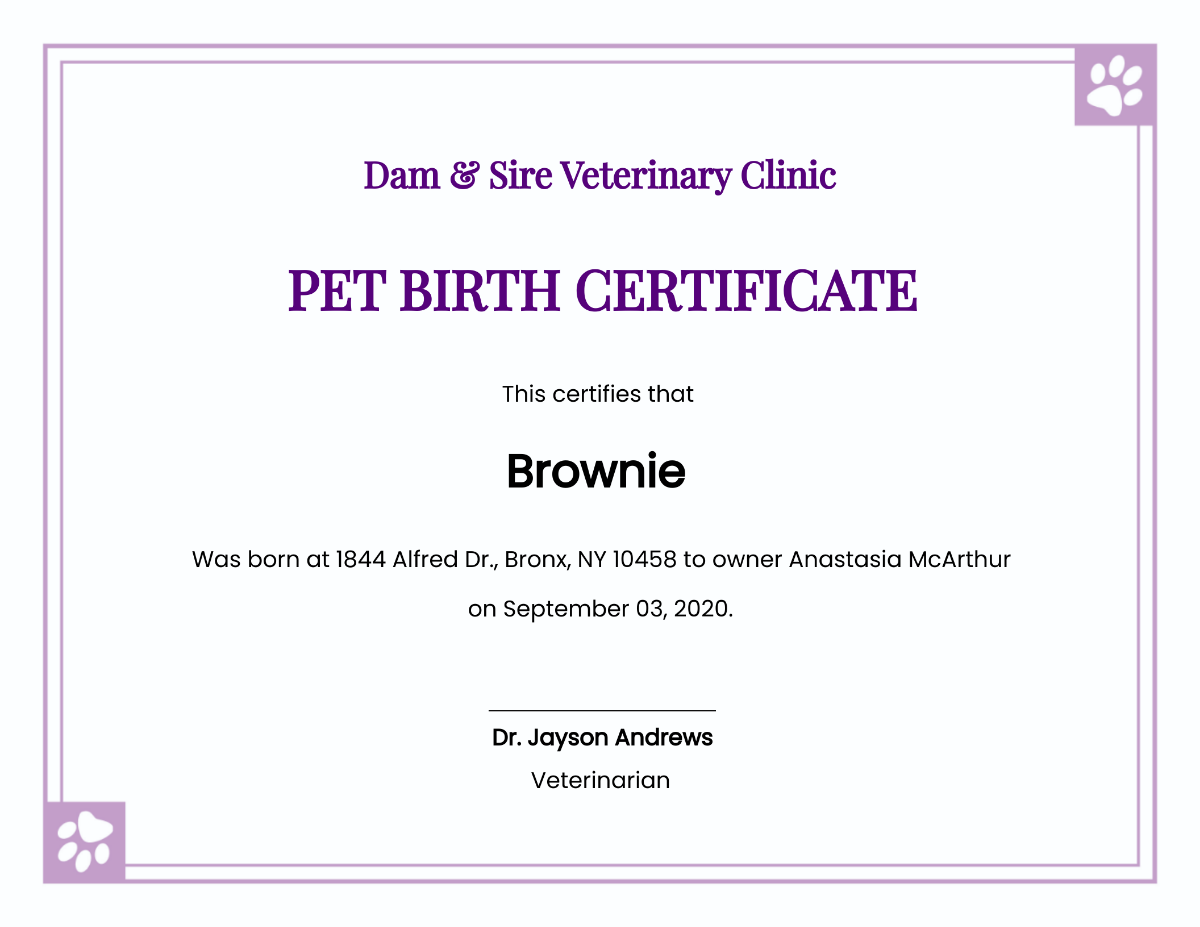 Pet Birth Certificate Template