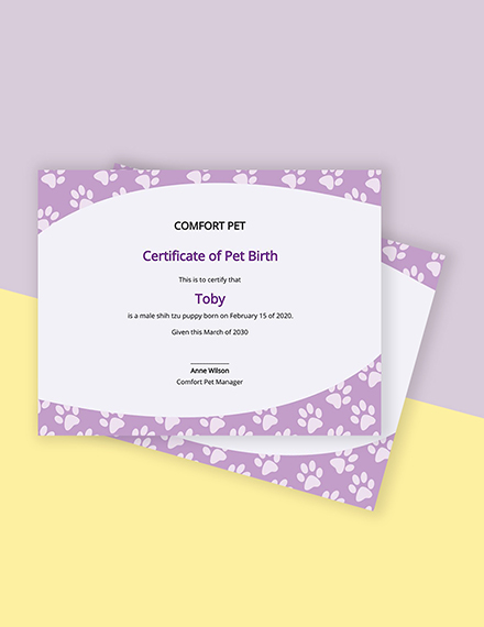 Creative Pet Birth Certificate Template - Google Docs, Illustrator, InDesign, Word, Apple Pages, PSD, Publisher