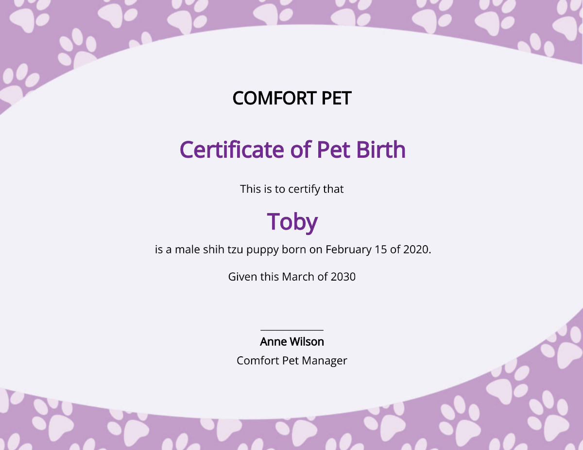 Creative Pet Birth Certificate Template