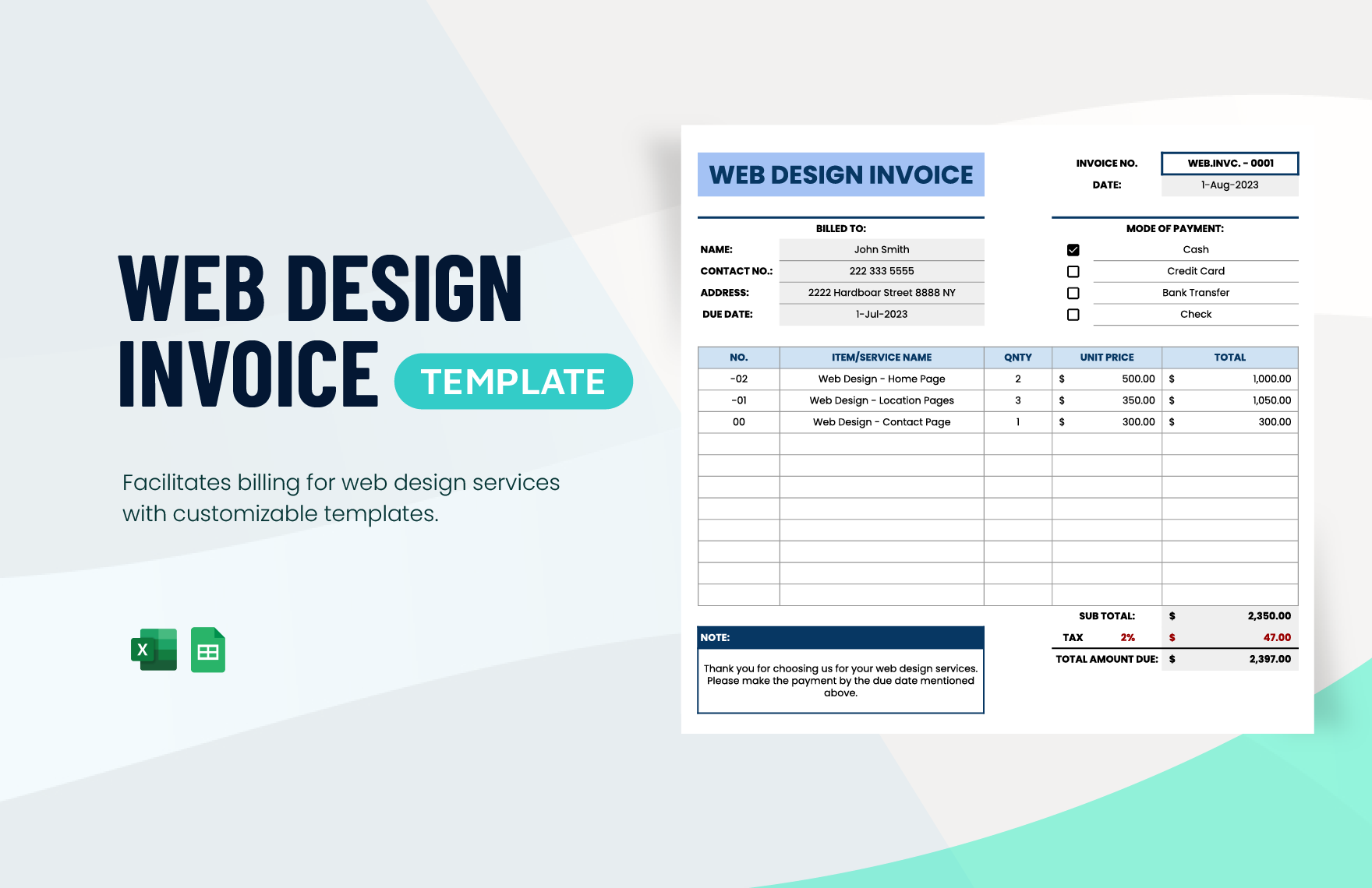Web Design Invoice Template in Excel, Google Sheets