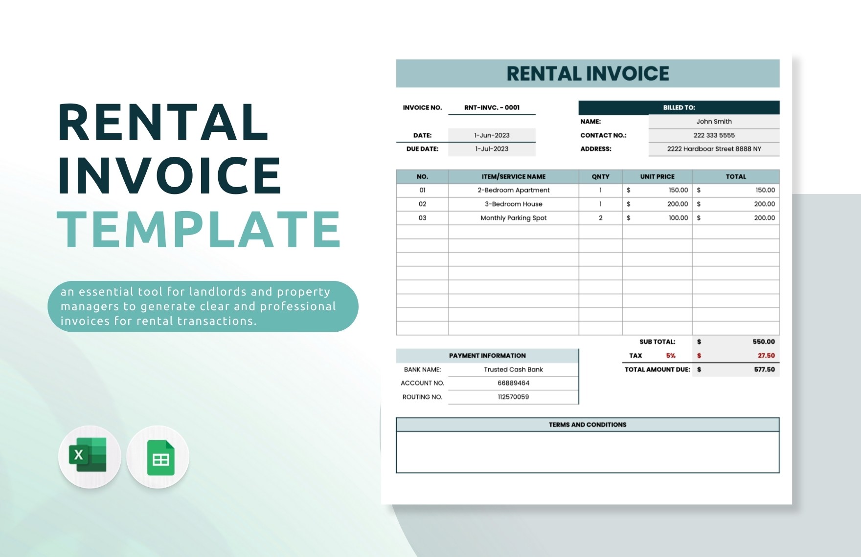 Rental Invoice Template in Excel, Google Sheets