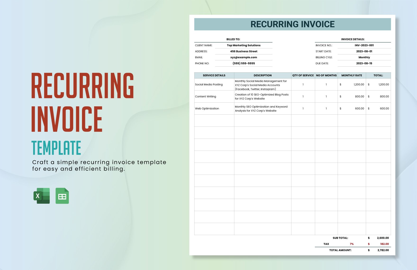 Free Recurring Invoice Template in Excel, Google Sheets