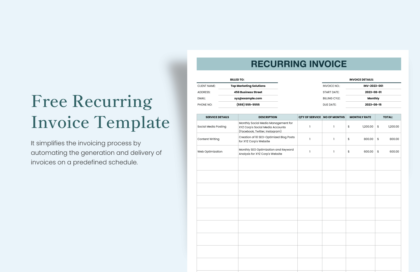 Recurring Invoice Template in Excel, Google Sheets Download