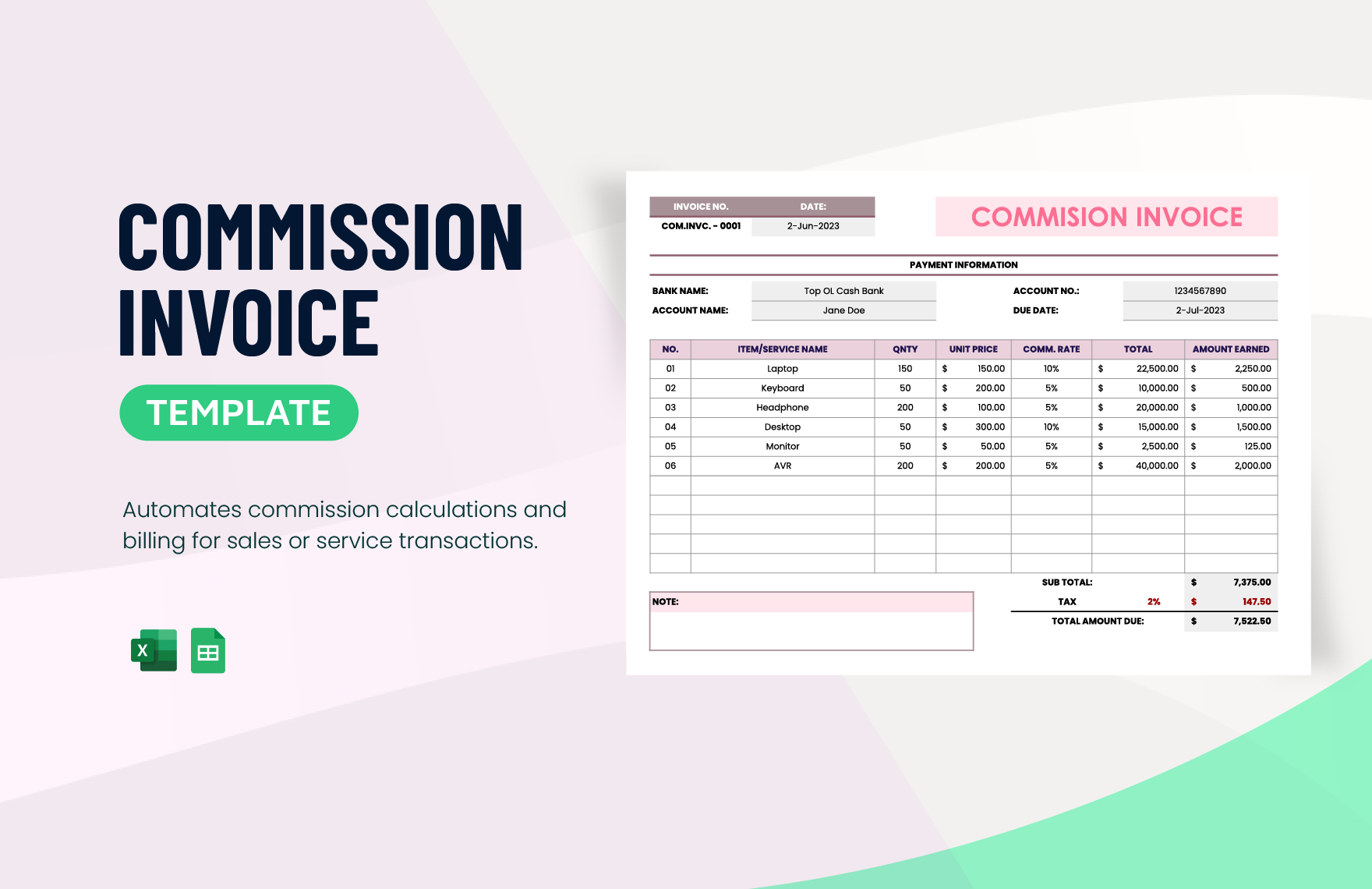 Commission Invoice Template in Excel, Google Sheets