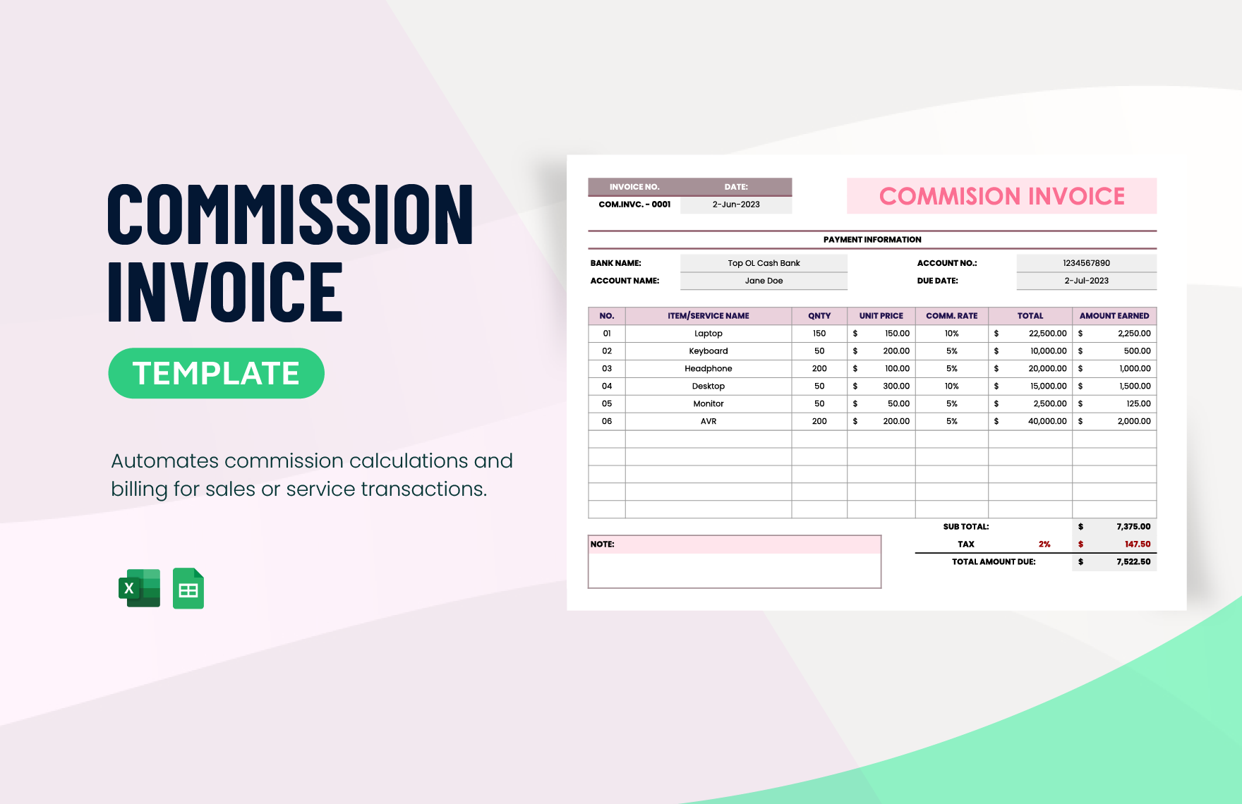 Commission Invoice Template in Excel, Google Sheets Download