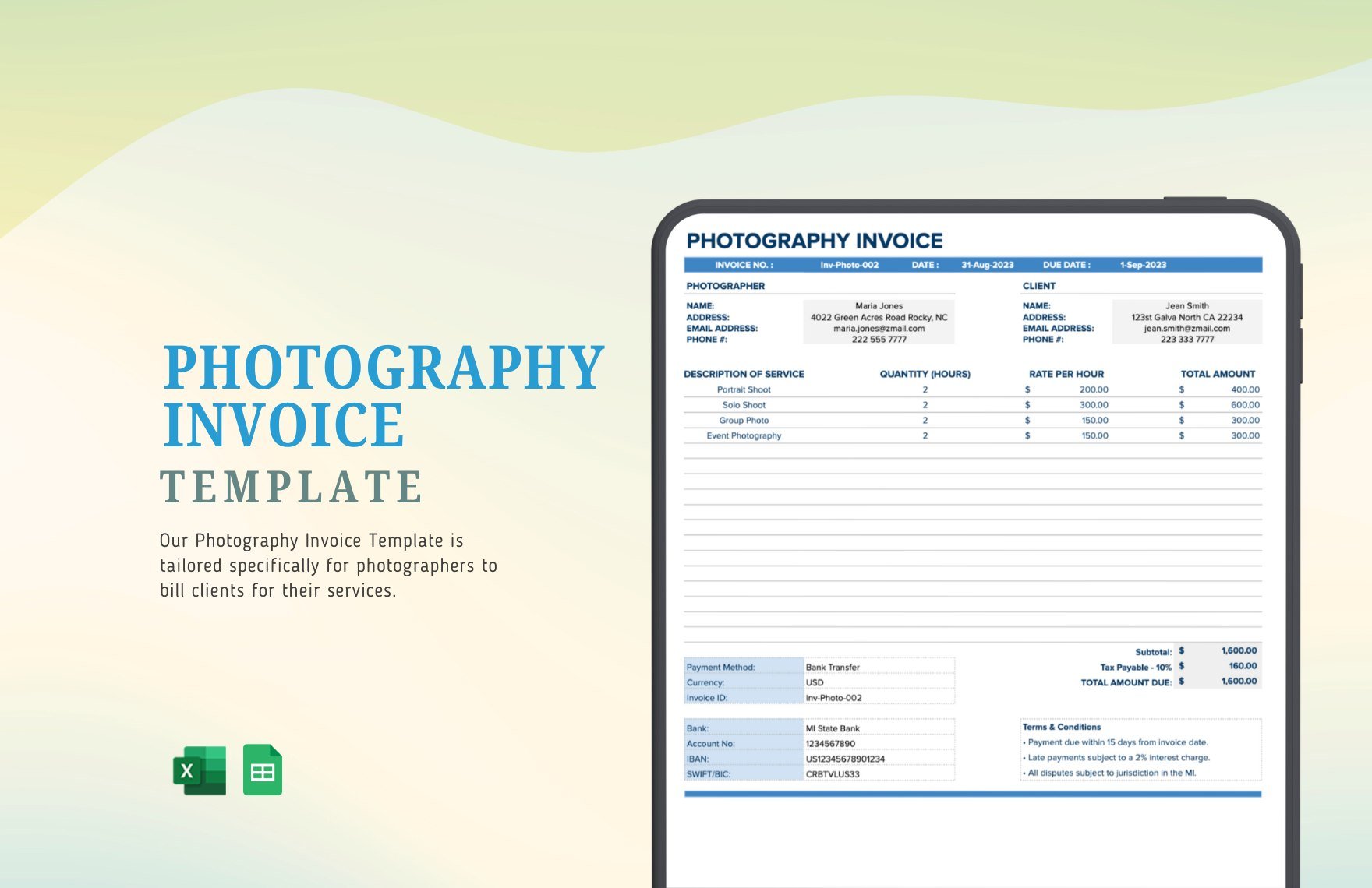 Photography Invoice Template in Excel, Google Sheets