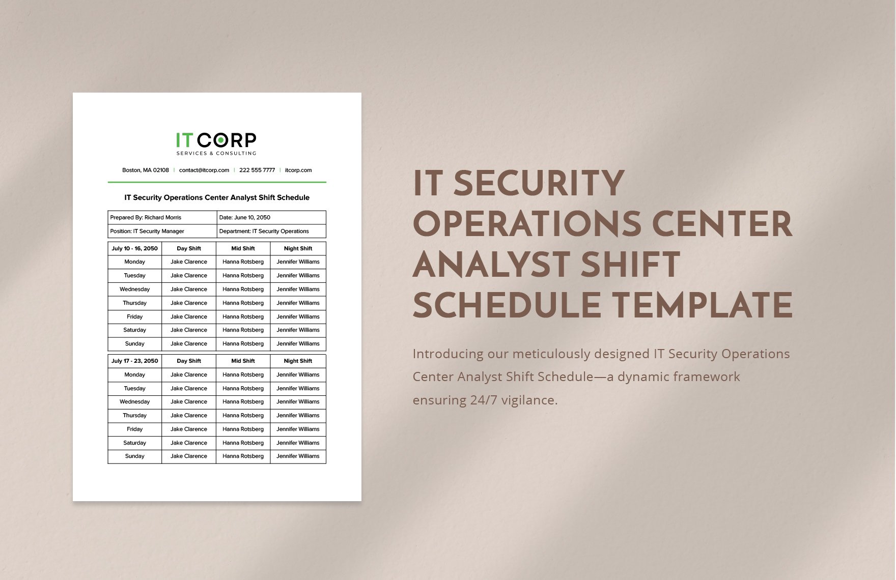 IT Security Operations Center Analyst Shift Schedule Template in Word, Google Docs, PDF