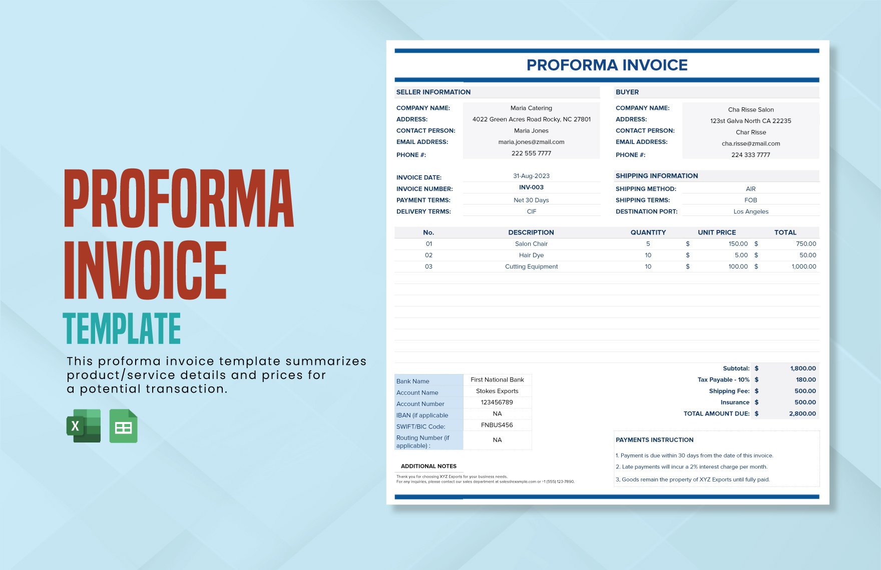 Free Proforma Invoice Template in Excel, Google Sheets
