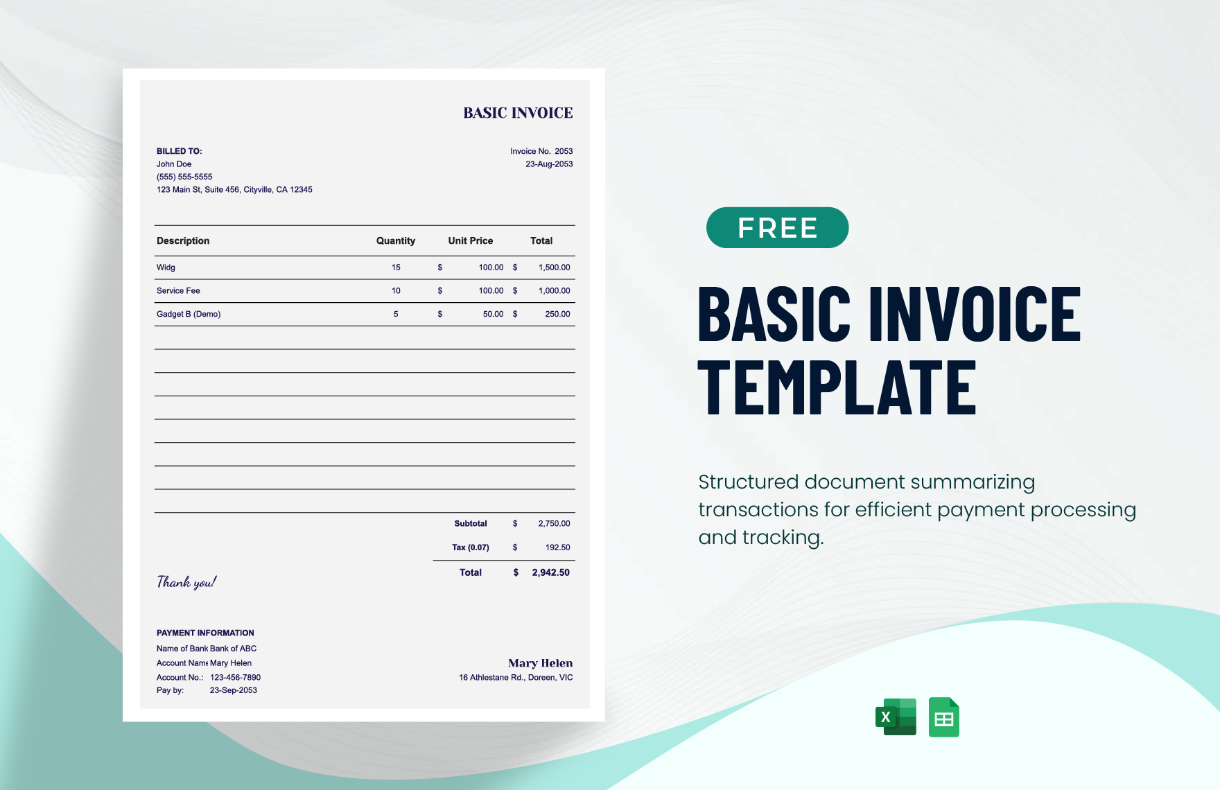 Basic Invoice Template in Excel, Google Sheets
