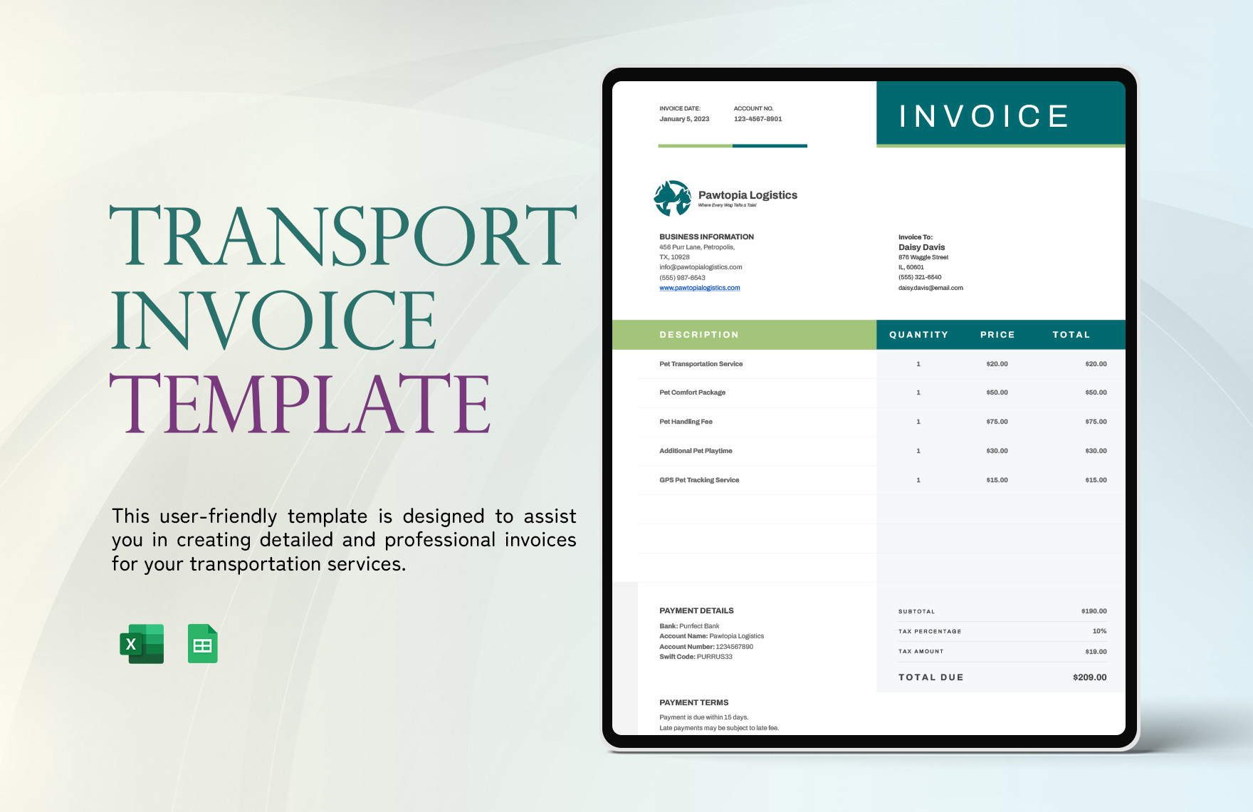 Transport Invoice Template in Excel, Google Sheets - Download | Template.net