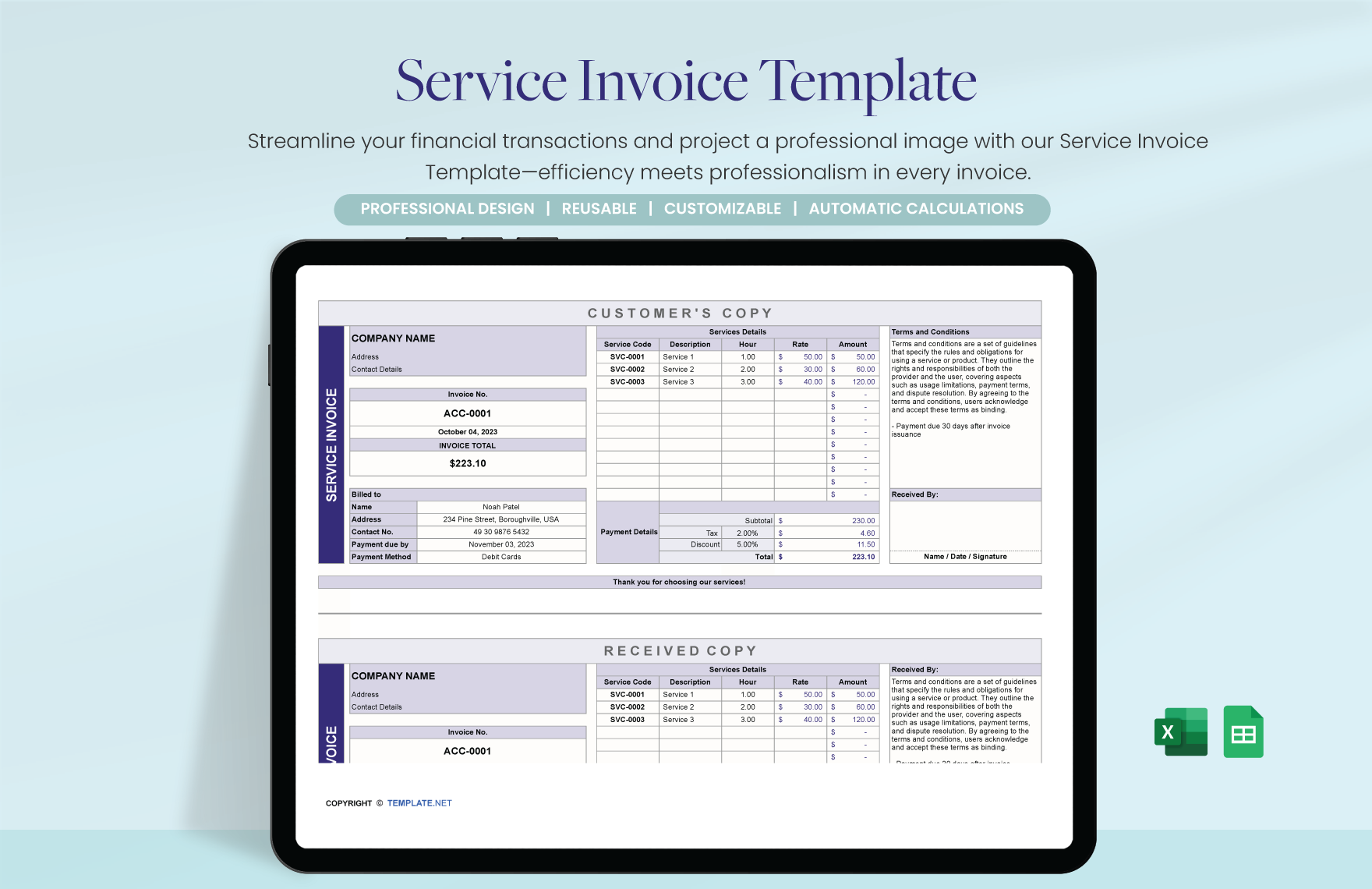 Service Invoice Template in Excel, Google Sheets - Download | Template.net