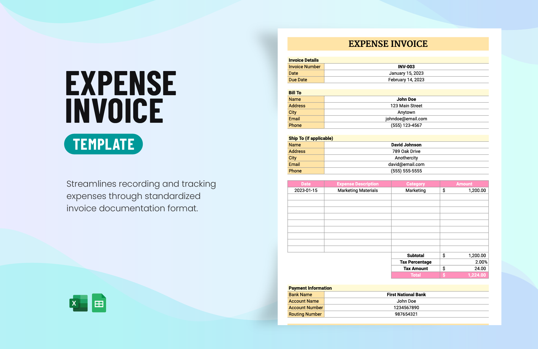 Expense Invoice Template in Excel, Google Sheets