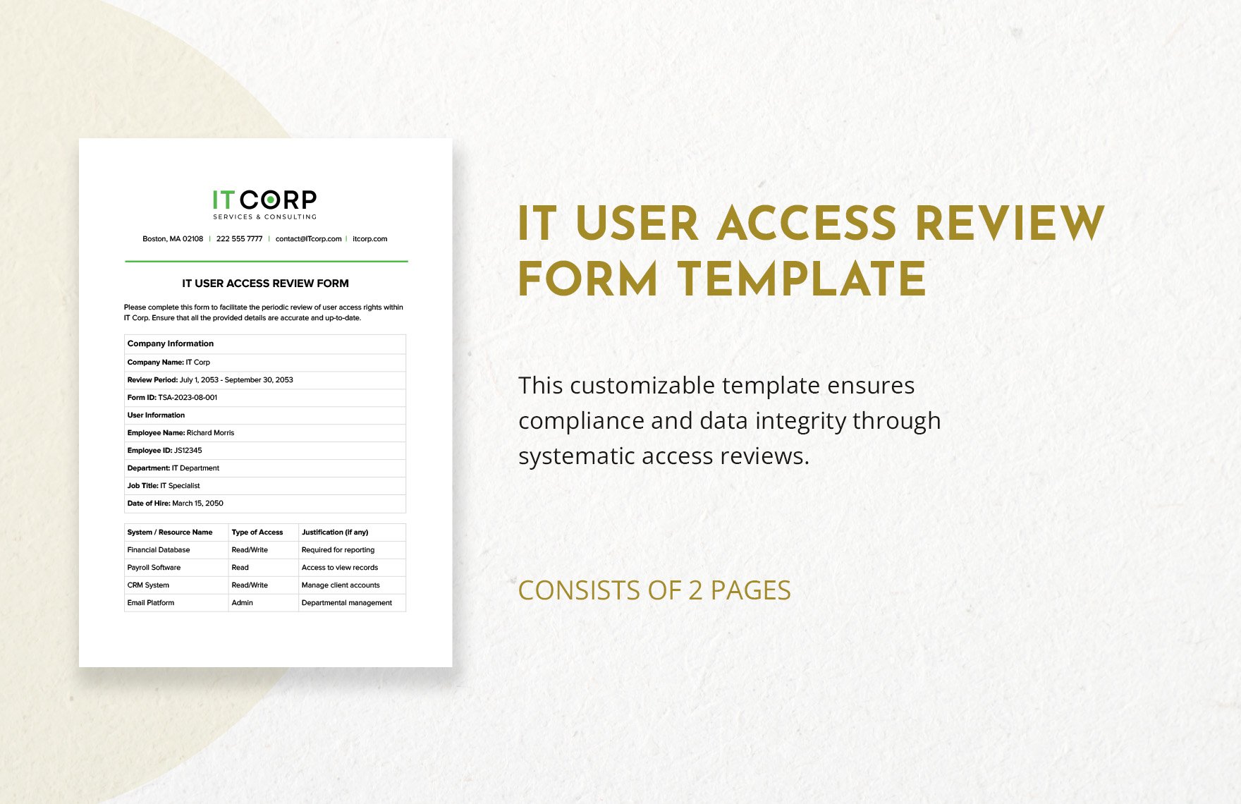 IT User Access Review Form Template