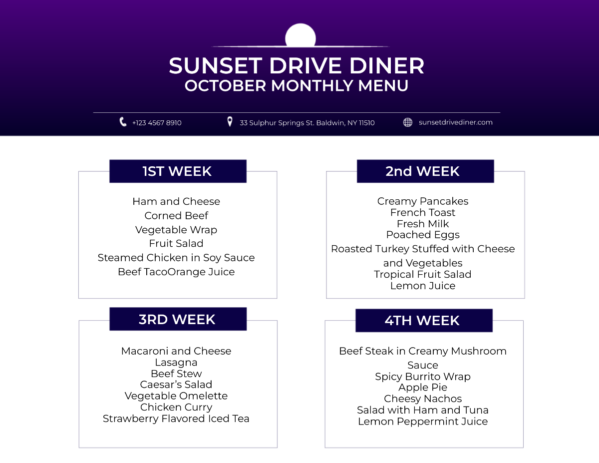 Monthly Menu Template