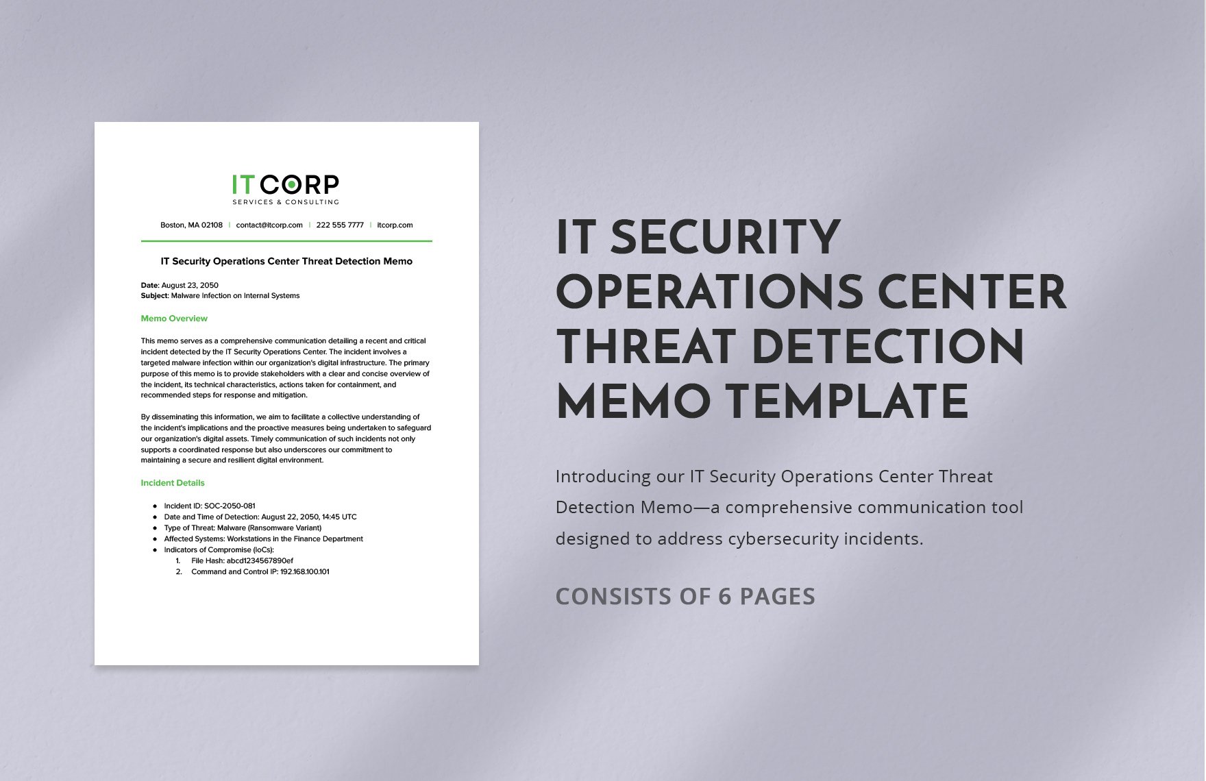 IT Security Operations Center Threat Detection Memo Template in Word, Google Docs, PDF