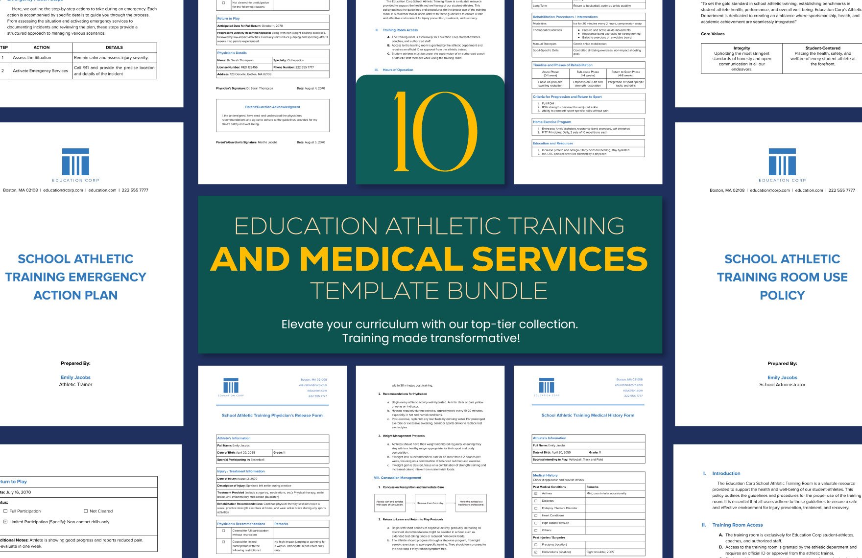 10 Education Athletic Training and Medical Services Template Bundle 