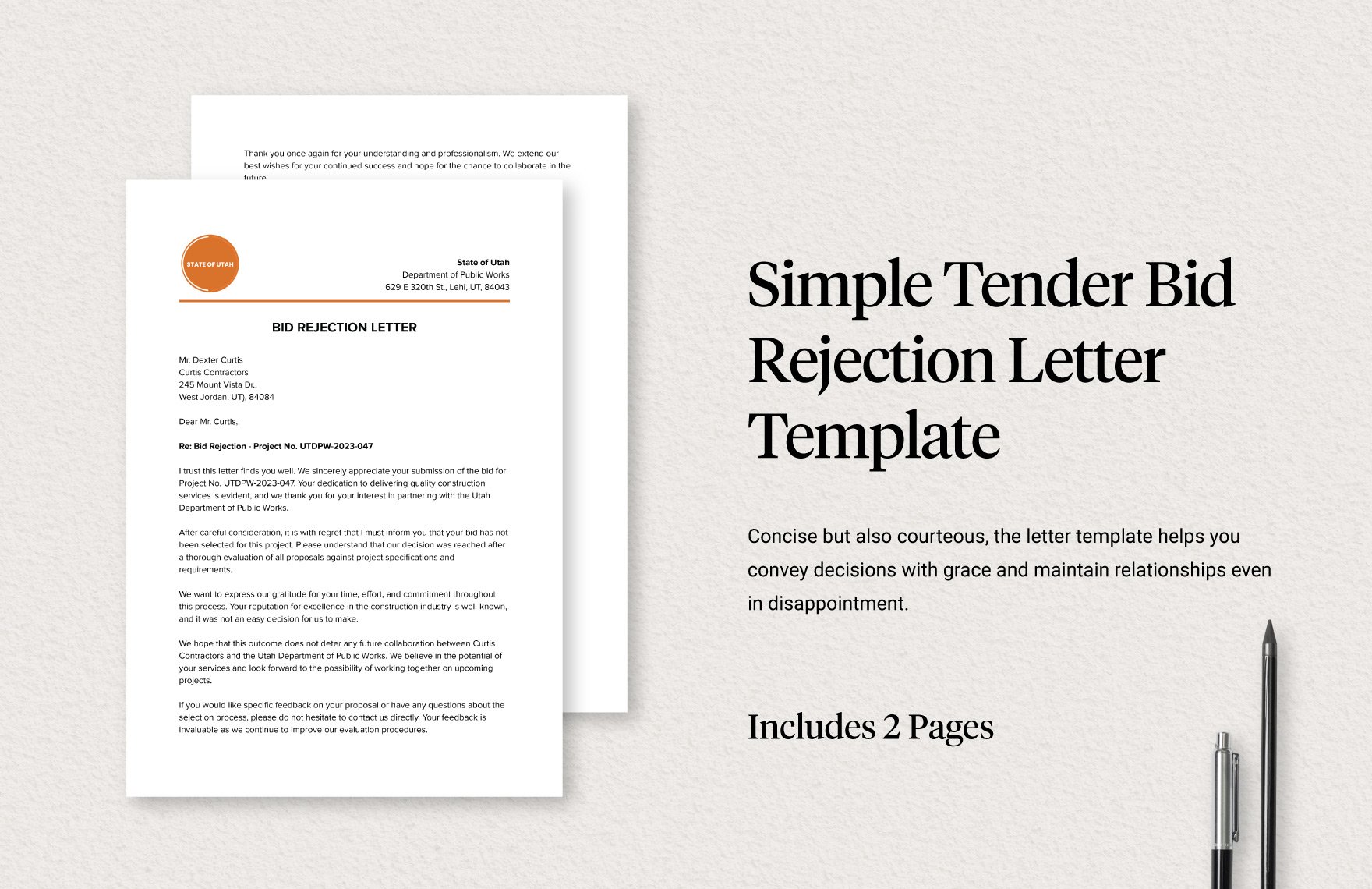 Simple Tender Bid Rejection Letter Template