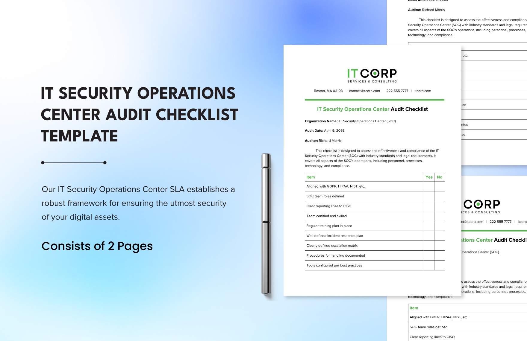 IT Security Operations Center Audit Checklist Template in Word, Google Docs, PDF