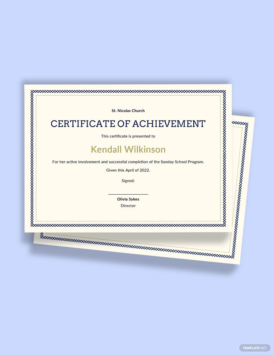 Sunday School Achievement Certificate Template in Word, Google Docs, Illustrator, PSD, Apple Pages, Publisher, InDesign