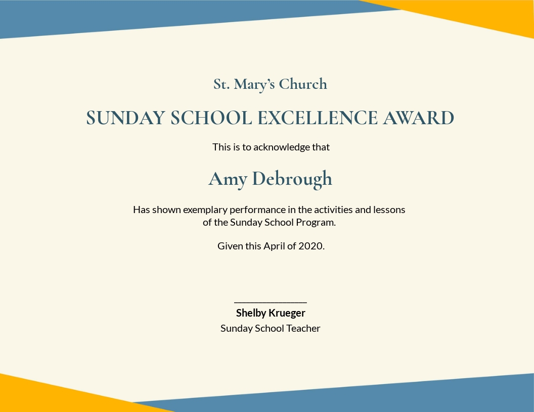 Sunday School Award Certificate Template - Google Docs, Word, Apple Pages