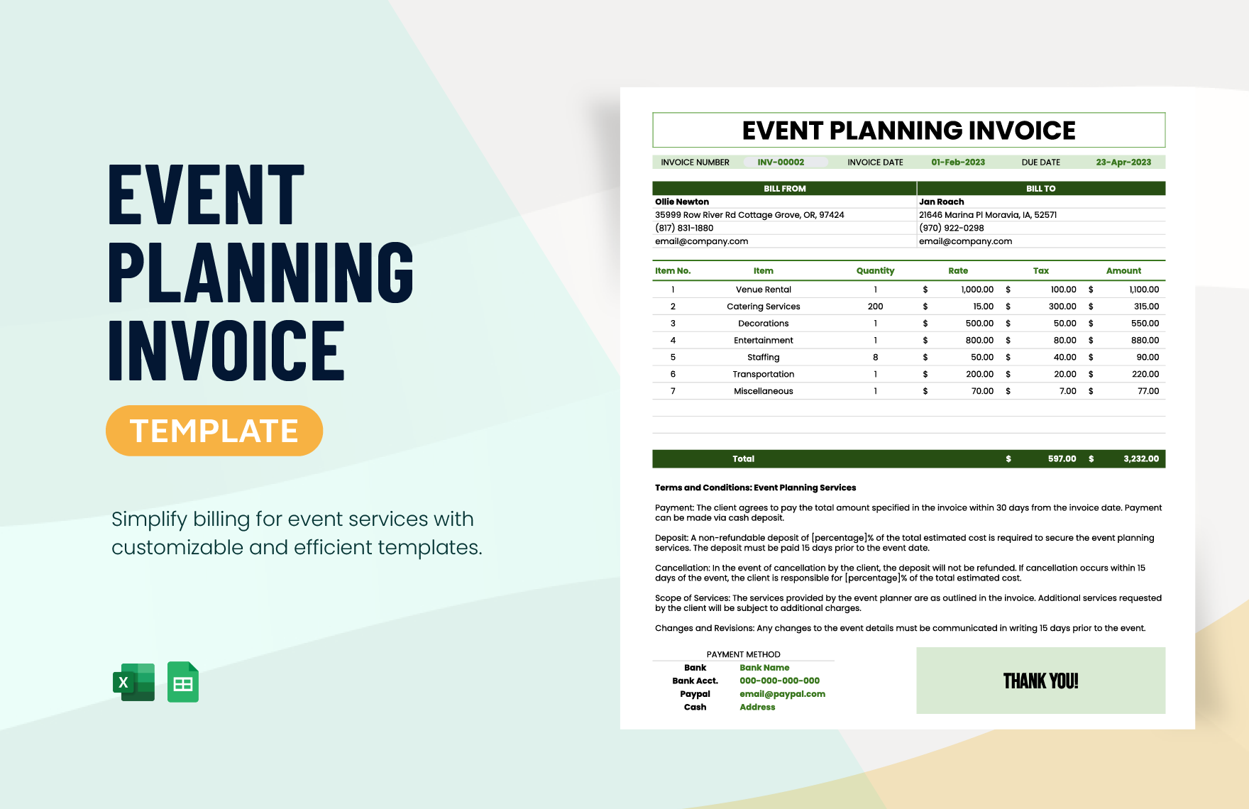 Event Planning Invoice Template in Excel, Google Sheets