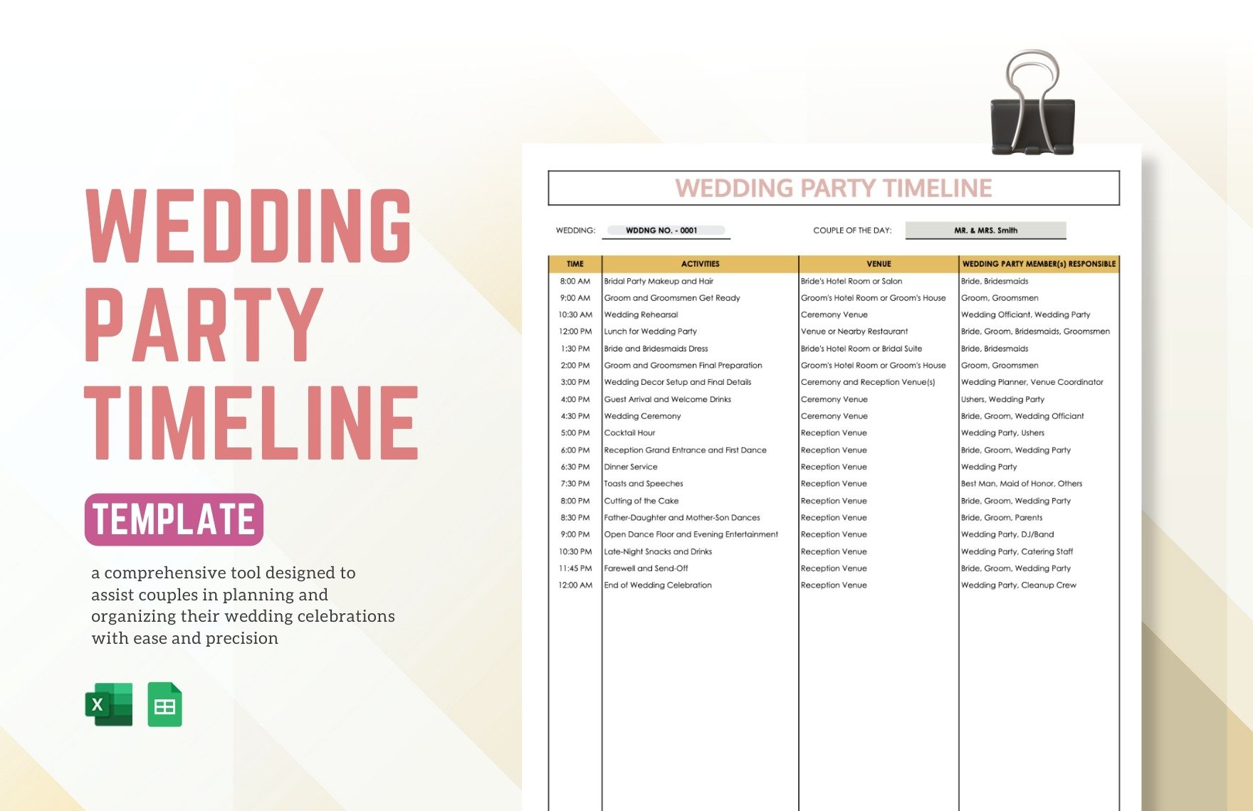 Wedding Party Timeline Template in Excel, Google Sheets