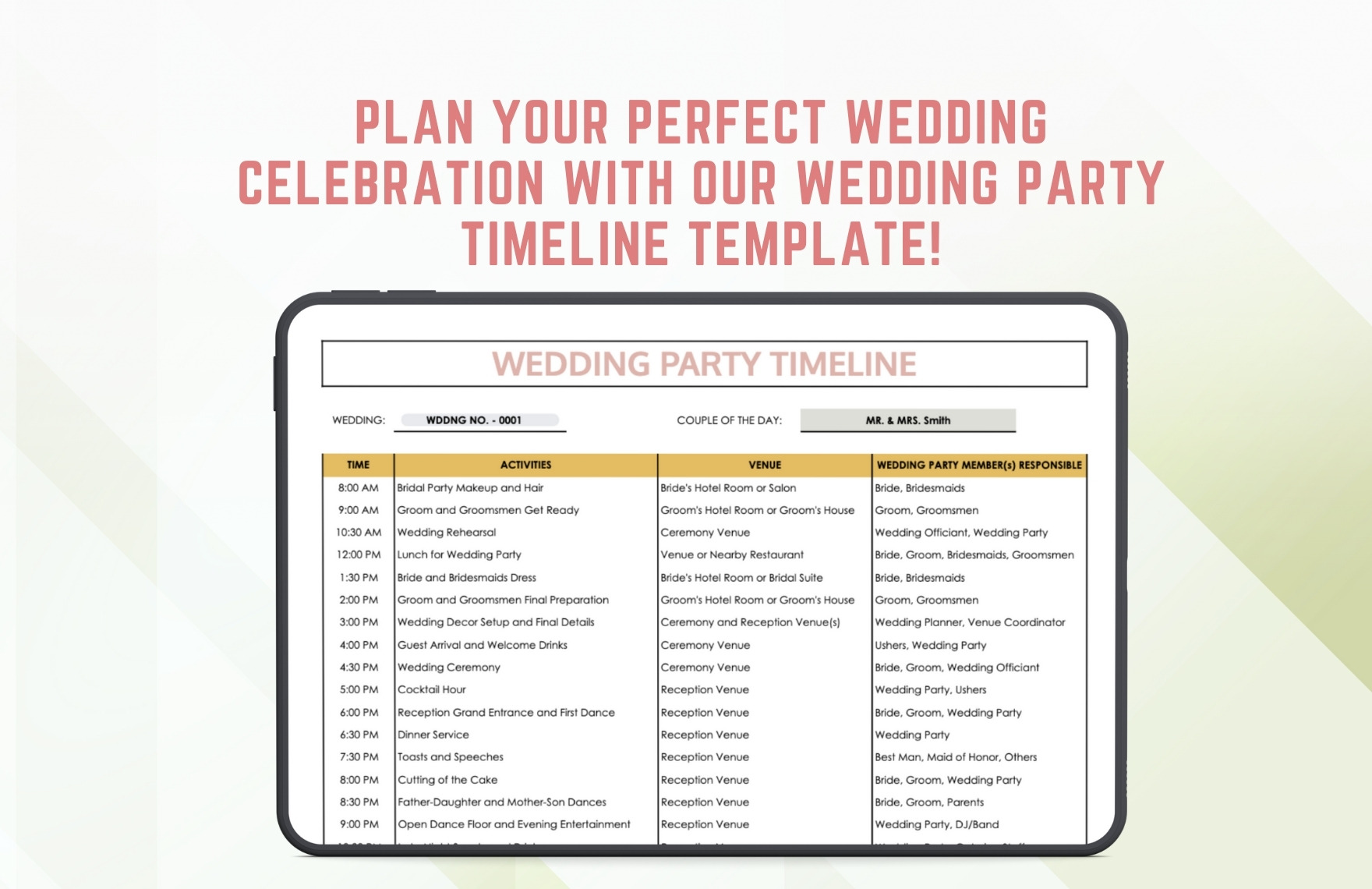 Wedding Party Timeline Template